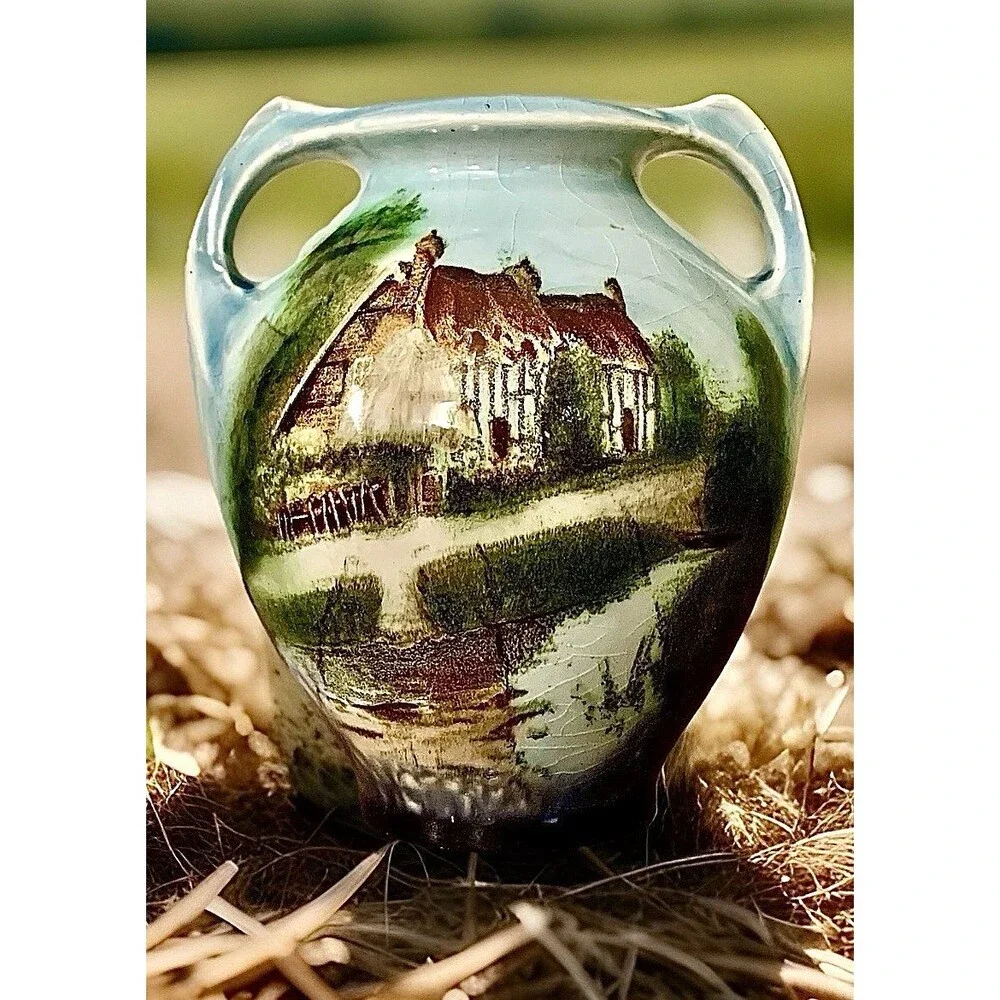 Antique Hand Painted Twin Handled Urn Vase English Cottage Landscape Ceramic 4